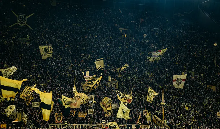 BVB-Fans, die auf der Tribüne Fahnen und Banner ihrer Mannschaft schwenken. (Foto)