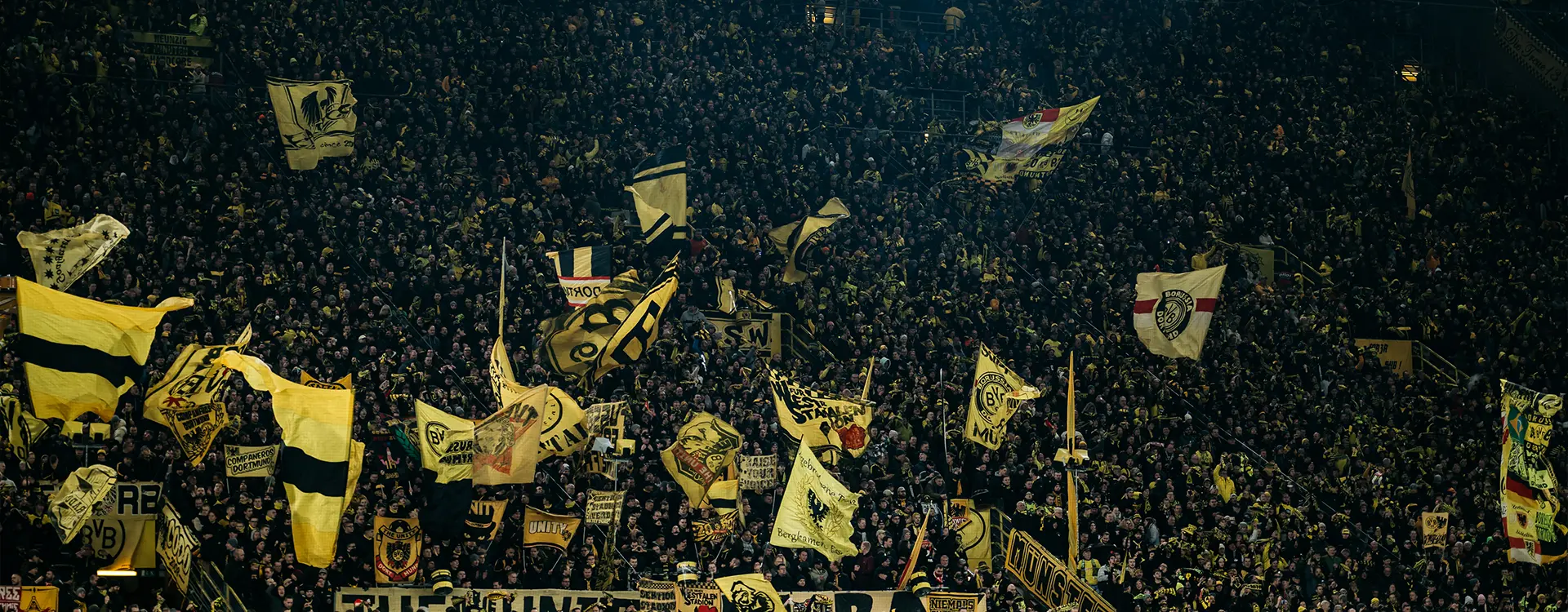 BVB fans waving flags and banners of their team in the stands. (Photo)